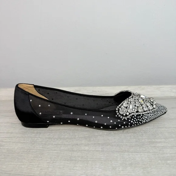 Badgley Mischka Quinn Crystal Embellished Pointed Toe Black Flats Size 8 - Picture 2 of 14
